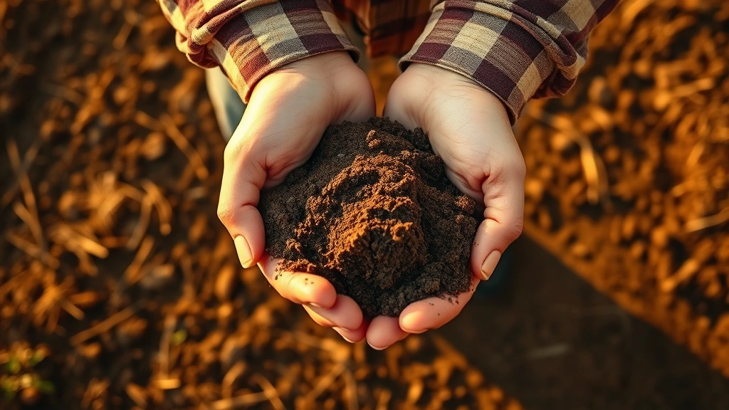 Overhead view of farmer's hands holding soil in field, showing earth texture and care, golden hour sunlight, photorealistic agricultural setting, hands only no face, rich brown earth tones