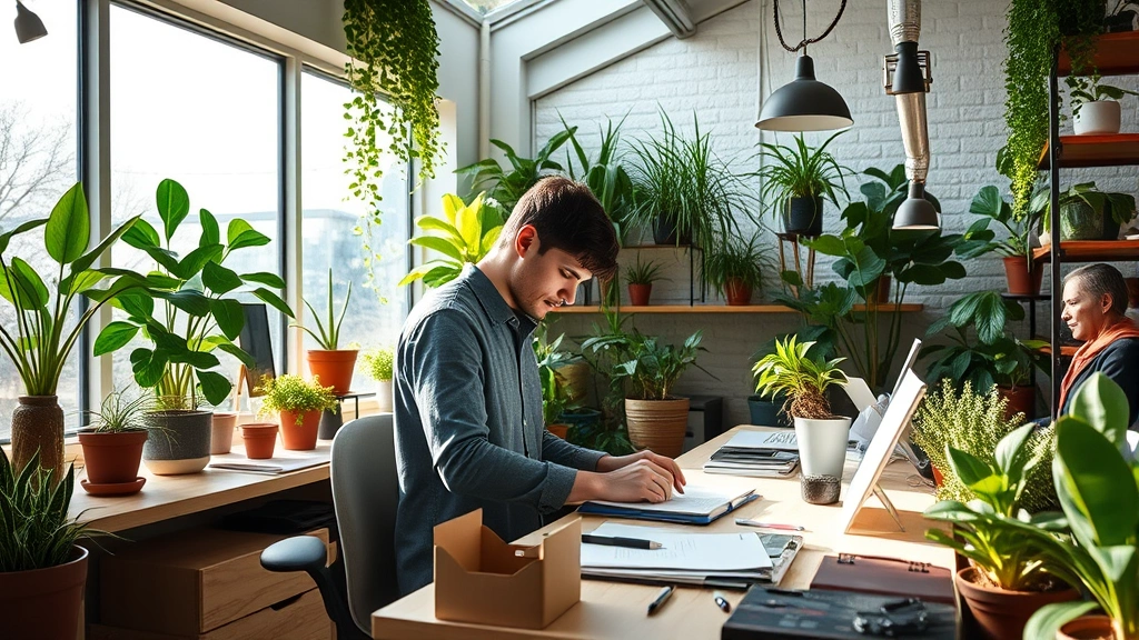 Modern workspace designed with plant elements, natural light streaming through windows, person concentrating on work with organized materials, peaceful agricultural-inspired environment