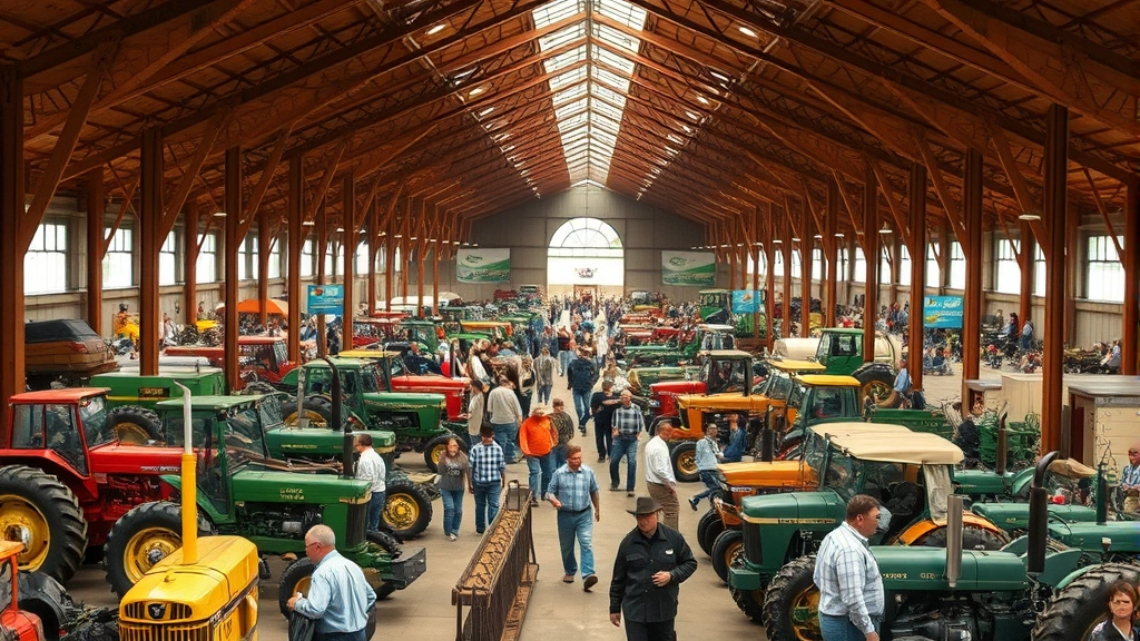 A crowded farm show pavilion with vintage tractors displayed, farmers walking between exhibits, industrial equipment, educational signage visible in background, bustling rural marketplace atmosphere, photorealistic