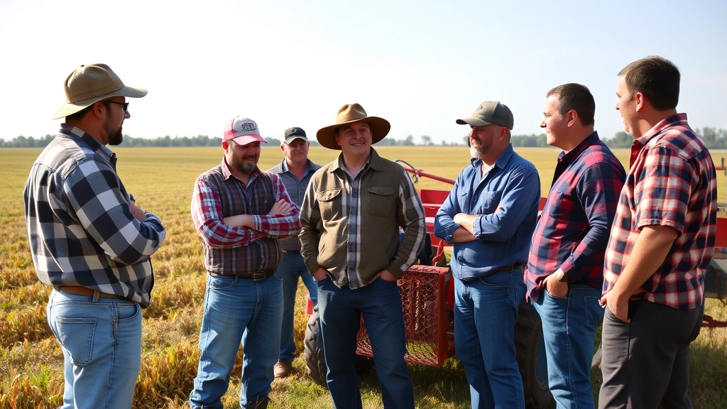 Group of farmers gathered at farm equipment discussing work strategies, standing in open field, collaborative atmosphere, genuine engagement and knowledge sharing, outdoor natural setting
