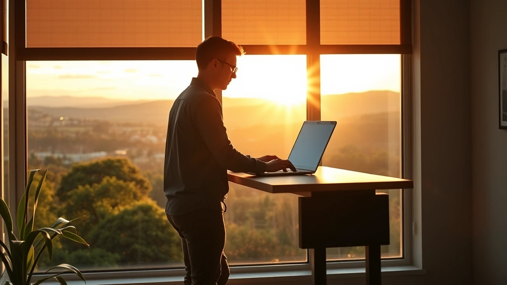 Person sitting at standing desk during golden hour sunlight, overlooking natural landscape through window, focused posture, laptop visible, natural lighting emphasizes concentration, photorealistic workspace environment