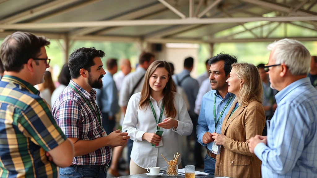 Group of professionals engaged in collaborative discussion at an agricultural conference, dynamic interaction, diverse participants, outdoor pavilion setting, genuine engagement and focus