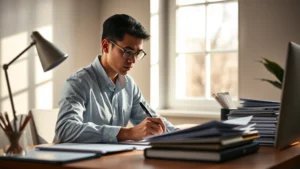 Professional focused on deep work at minimalist desk with natural window light, pen in hand, papers organized, serene concentrated expression, soft warm lighting, no visible text or screens