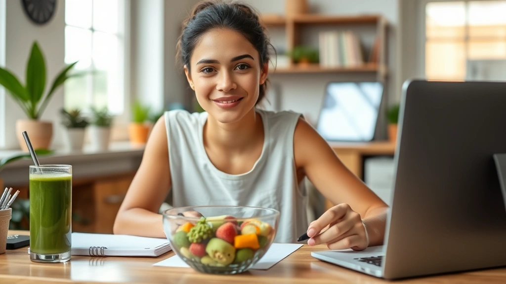 Young professional at desk with healthy breakfast bowl, green smoothie, notebook nearby, focused expression, bright workspace, natural foods visible, morning productivity scene