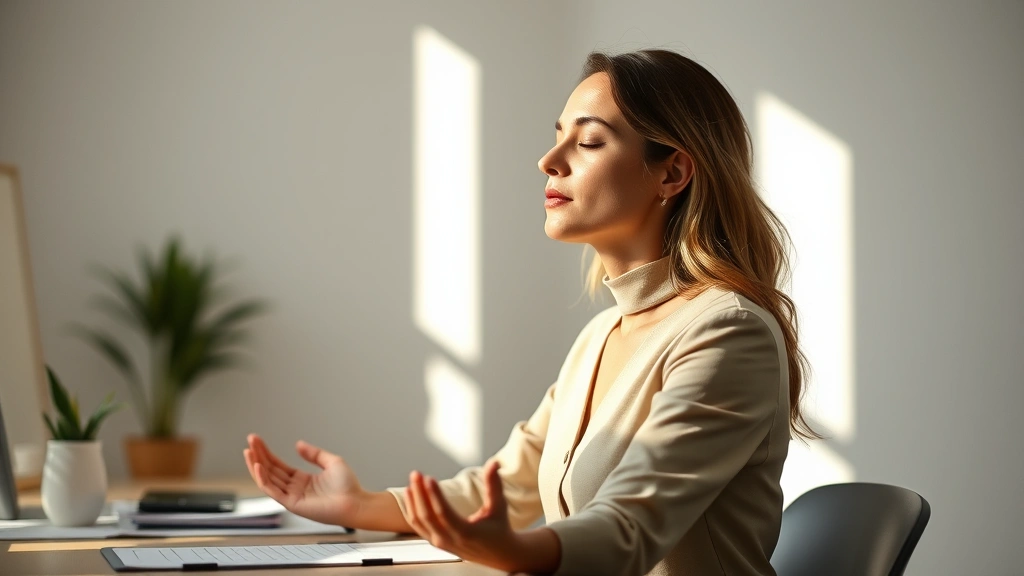 Professional woman sitting at desk with eyes closed in meditation, sunlight streaming through window, calm peaceful expression, no visible text or distractions, minimalist workspace background