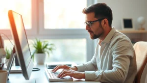 Person in deep focus at desk with calm, peaceful expression, natural window lighting, hands on keyboard, serene workspace environment, soft warm tones, mindful concentration atmosphere