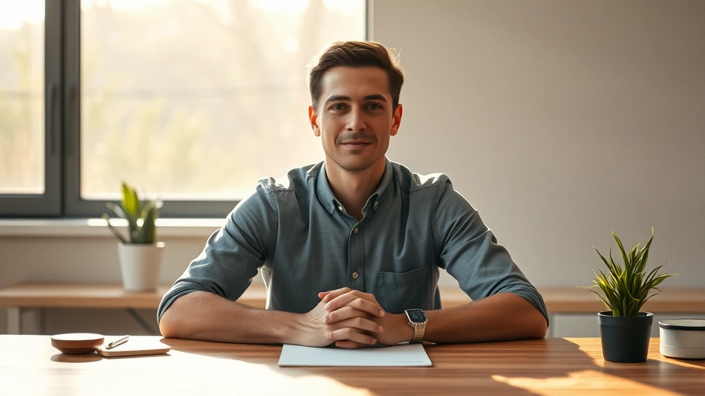 Person sitting at wooden desk with morning sunlight streaming through window, hands relaxed on desk surface, expression of calm focus and clarity, minimalist workspace with plant, peaceful concentrated demeanor, photorealistic professional environment