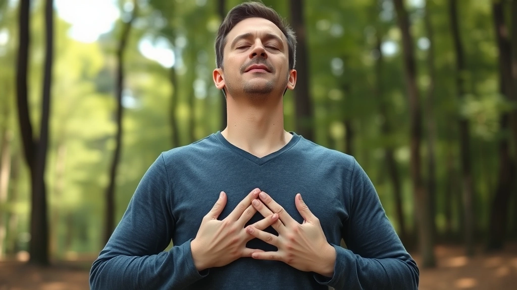 Person practicing breathing exercise outdoors in natural setting, hands on chest, serene forest or park background, demonstrating nervous system regulation technique, photorealistic