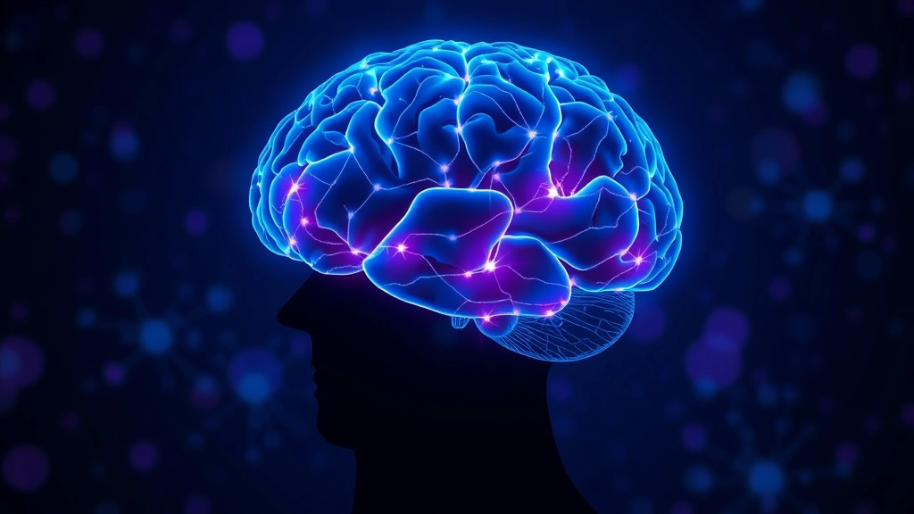 Brain illustration shown glowing with neural pathways active, meditation silhouette overlay, calm blue and purple lighting, neurons firing, focus and clarity visualization, no text