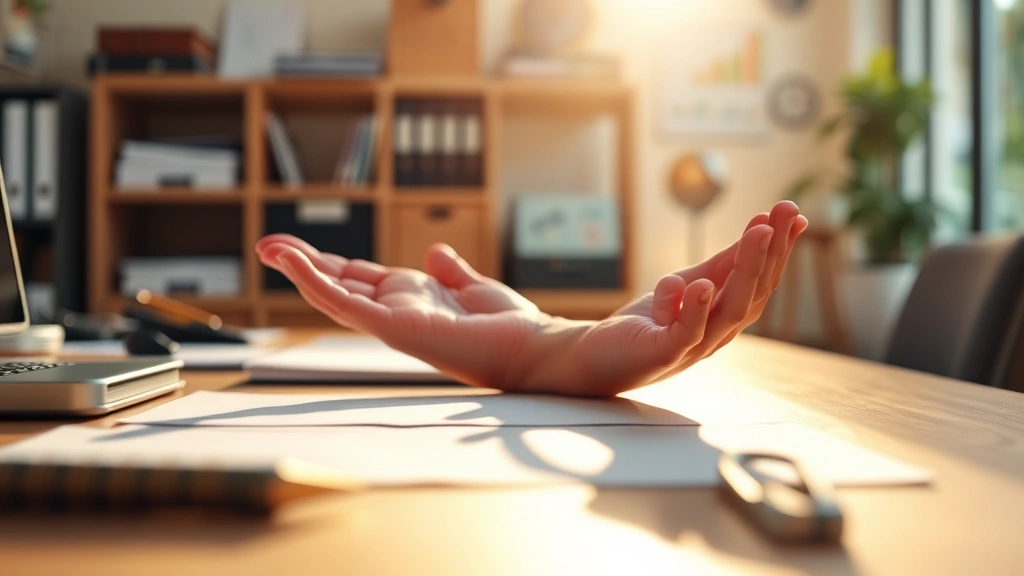 Close-up of hands resting on desk in meditative posture, soft natural lighting, blurred background of organized workspace, serene focused state, warm sunlight creating peaceful atmosphere, professional yet calm setting