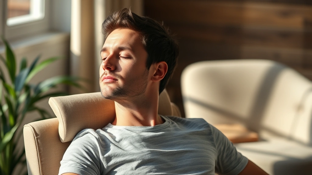 Male professional doing progressive muscle relaxation on comfortable chair, shoulders relaxed, peaceful environment, natural lighting, embodying stress management and focus preparation