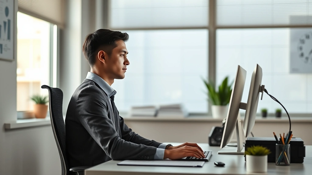 Individual working at desk with perfect posture, soft window light illuminating face showing concentration, clean modern workspace with minimal distractions, expression of engaged focus and mental clarity, photorealistic professional environment