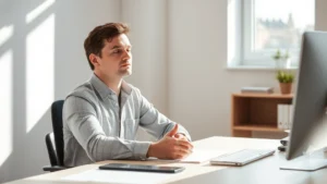 Person sitting peacefully at desk with hands resting, sunlight streaming through window, calm focused expression, minimalist workspace, serene professional environment