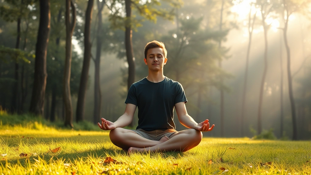 Person meditating in serene natural setting with soft morning light filtering through trees, sitting cross-legged on grass, peaceful expression, photorealistic, misty forest background