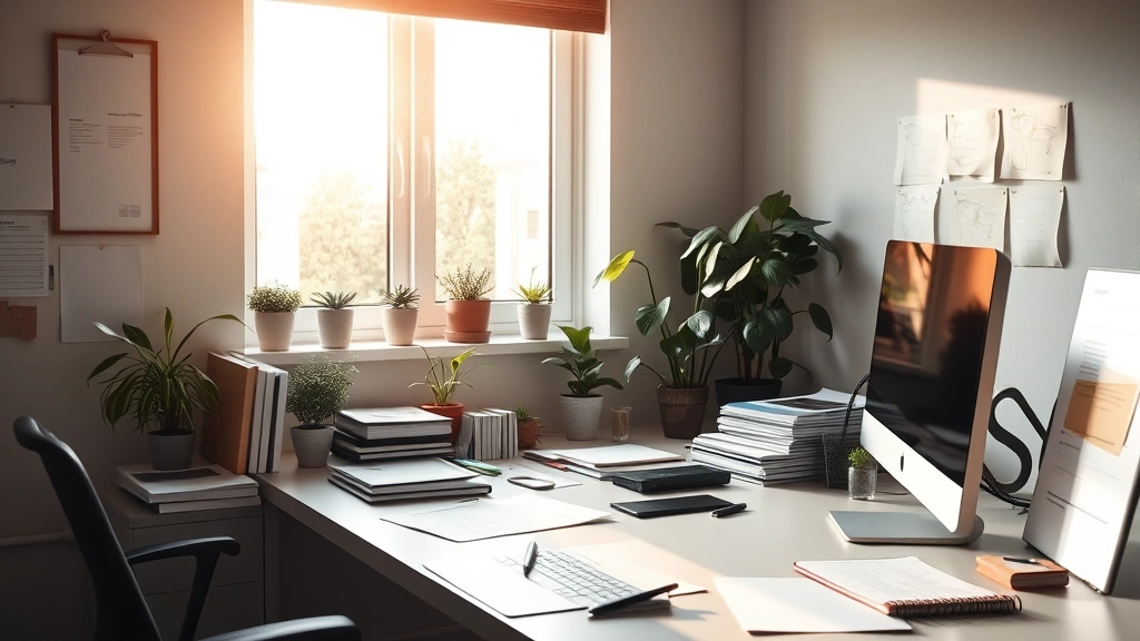 Professional workspace with natural light from window, minimal desk clutter, organized materials, plants visible, warm sunlight illuminating work surface, focused energy