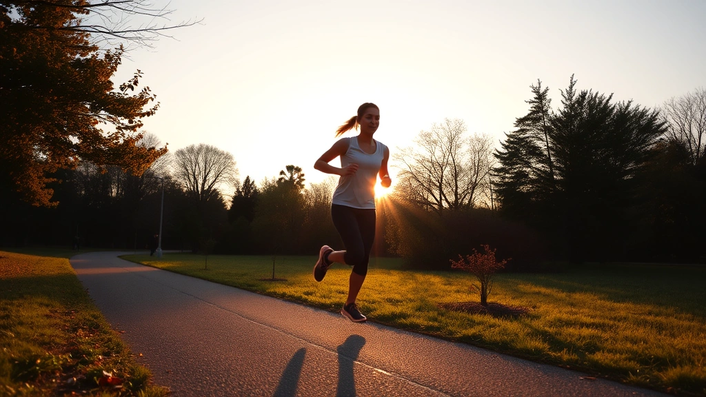 Person jogging through park trail at sunrise with clear sky, athletic movement captured mid-stride, trees and natural landscape, energetic and healthy appearance, golden hour lighting