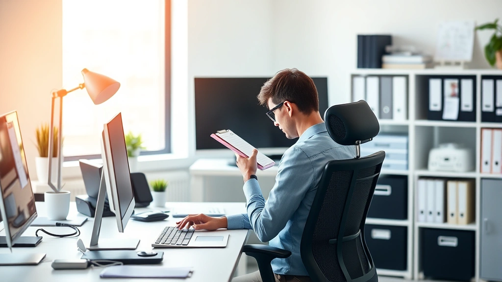 Professional workspace with organized desk, ergonomic chair, natural light, person concentrating with notebook, clean aesthetic, modern office environment, warm lighting, photorealistic, productivity-focused