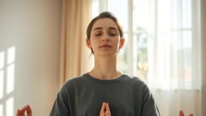 Person meditating in sunlit room, serene expression, natural light streaming through window, peaceful indoor setting, photorealistic, calm and focused atmosphere, no text or clocks visible