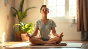 Person meditating in sunlit room with peaceful expression, eyes closed, sitting cross-legged on cushion, natural light streaming through window, serene background with plants