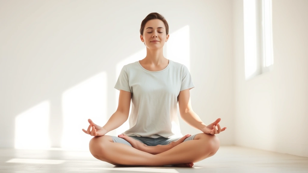 Person sitting cross-legged in peaceful meditation posture in bright, minimalist room with natural light streaming through windows, eyes gently closed, calm facial expression, wearing comfortable clothing, serene indoor environment with soft shadows