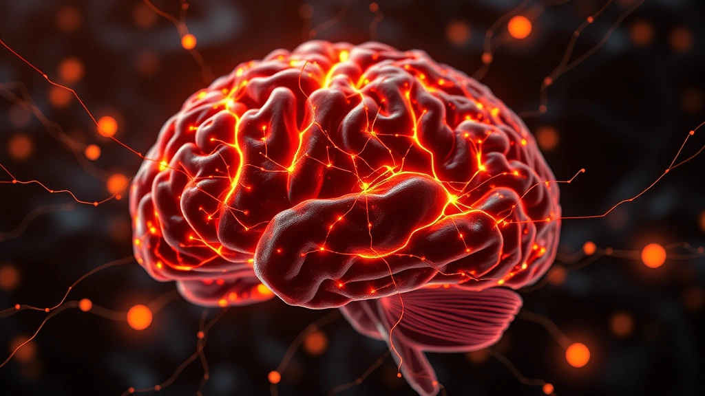 Brain neural network visualization showing glowing connections and synapses, abstract representation of neural pathways activating, warm colored light highlighting prefrontal cortex region