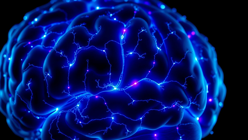 Close-up of human brain with glowing neural networks and synaptic connections highlighted in blue and purple light, representing neuroplasticity and cognitive function, scientific visualization style, dark background emphasizing the illuminated neural pathways