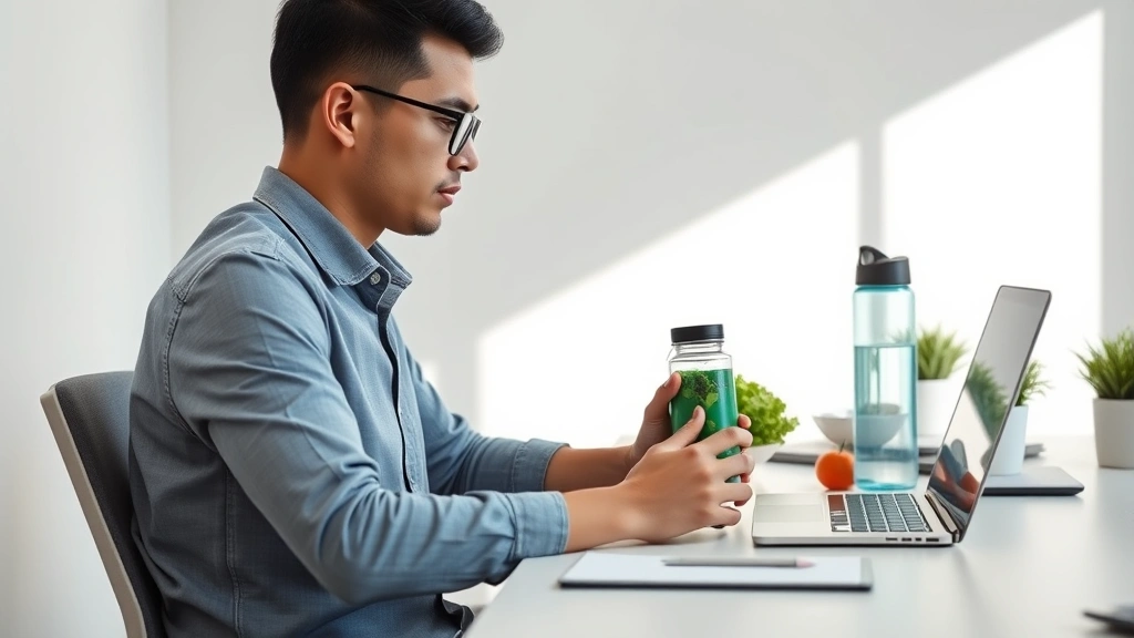 Person at desk with healthy meal and water bottle, focused working posture, bright natural lighting, minimal workspace, fresh vegetables and whole foods visible on plate, photorealistic, productive and nourished state