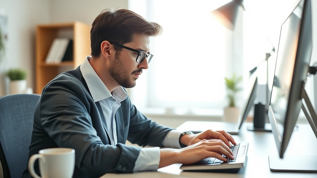Professional working at desk with focused expression, hands on keyboard, morning light, calm workspace with minimal distractions, coffee cup nearby, concentrated intensity without stress visible