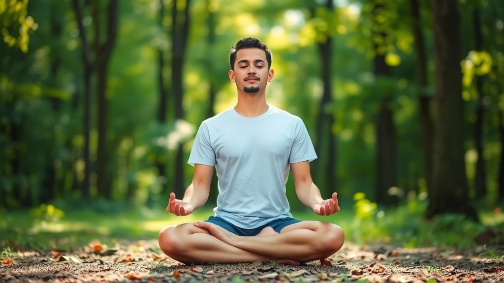 Individual meditating outdoors in nature with soft focus green forest background, sunlight filtering through trees creating dappled light, person in lotus position on natural ground, peaceful expression, embodying mind-nature connection and tranquility
