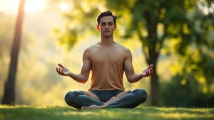 Person in peaceful meditation pose sitting cross-legged in serene natural environment, soft morning sunlight, calm focused expression, minimal background with blurred green foliage, photorealistic high resolution