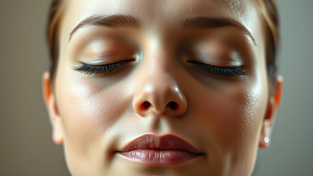 Close-up of person's face during meditation with eyes closed, peaceful expression, soft natural lighting, neutral background, photorealistic image showing tranquility and mental clarity
