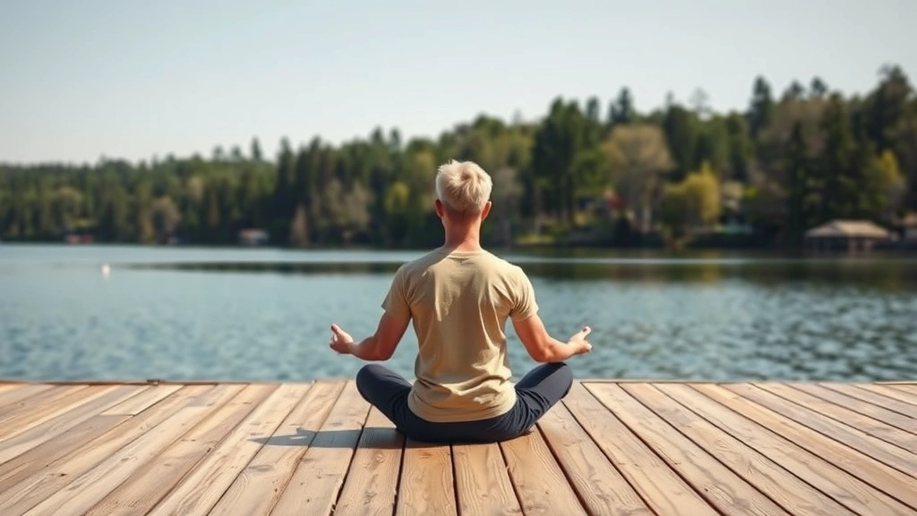 Wide shot of person meditating outdoors on wooden deck overlooking calm water, trees in background, natural daylight, peaceful serene composition, photorealistic style showing harmony with nature