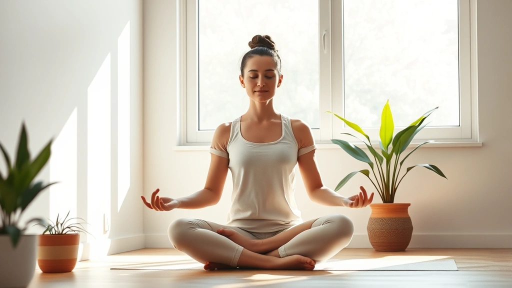 Person sitting in meditation pose by a bright window, soft natural light, peaceful expression, minimalist room with plants, photorealistic, high clarity