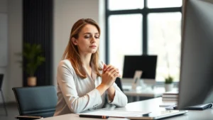 Professional woman in modern office environment, sitting at desk with peaceful, focused expression, hands clasped in calm concentration, soft natural lighting through window, minimalist workspace in background, no visible text or screens