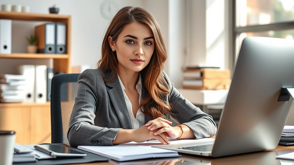 Professional woman at desk looking focused and calm, hands resting peacefully, organized workspace, morning light, photorealistic, detailed facial expression