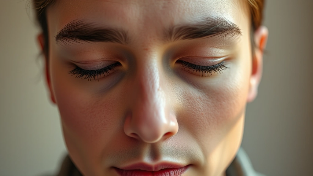 Close-up of person's face showing deep concentration and calm mental clarity, eyes soft but alert, peaceful expression, neutral background with warm ambient lighting, serene and composed demeanor