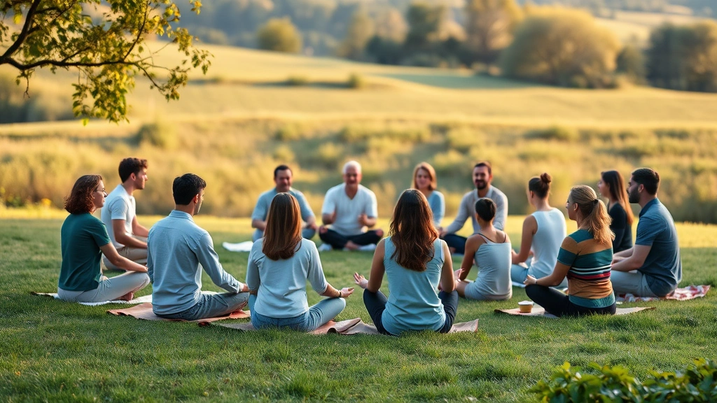 Group of people in mindfulness session outdoors, sitting in circle on grass, natural landscape background, serene atmosphere, photorealistic, warm lighting