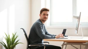 Person sitting at minimalist desk with soft natural light, eyes focused forward with calm expression, clean workspace, morning sunlight through window, no visible text or devices