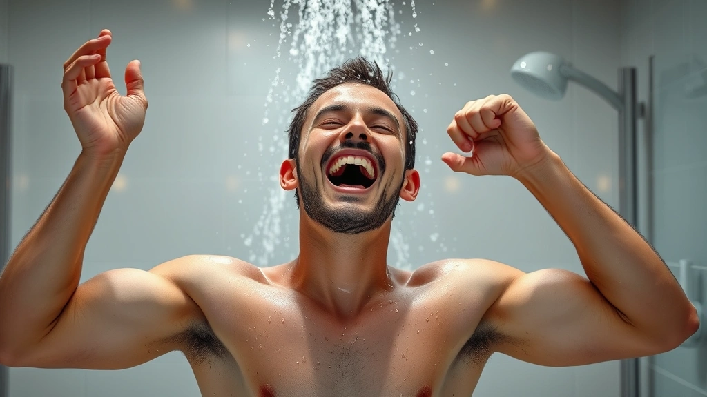 Individual performing cold water exposure in shower with invigorated posture, water droplets visible, energetic but controlled facial expression, modern bathroom setting, photorealistic