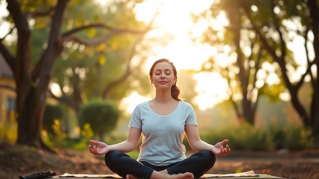 Person meditating outdoors in nature setting, peaceful seated position, eyes closed or softly gazing, surrounded by trees or garden, morning or golden hour light, serene expression