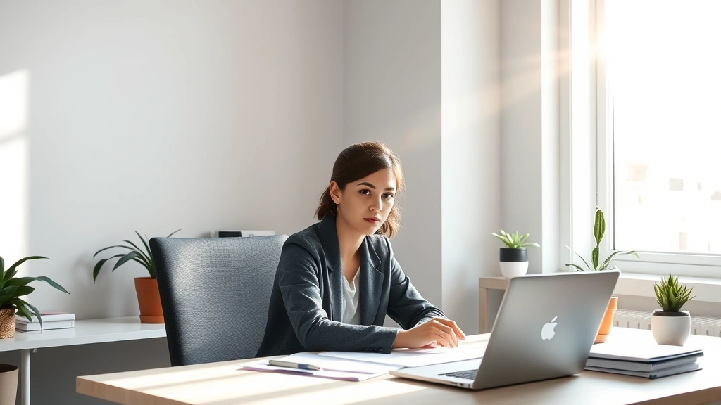 Person sitting at minimalist desk with natural light streaming through window, focused expression, morning sunlight illuminating face, peaceful workspace with plants, professional yet calm atmosphere