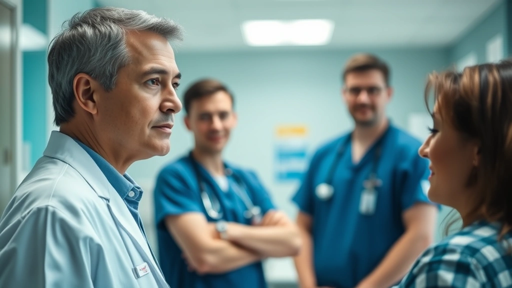 Professional in healthcare setting calmly observing patient interactions with focused expression, natural hospital lighting, calm composed demeanor