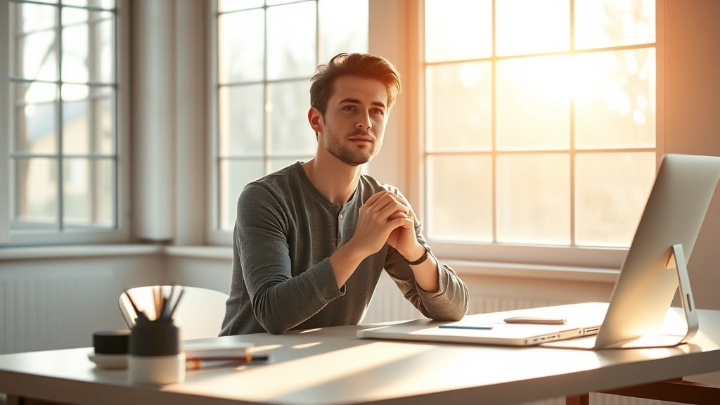 A person sitting at a minimalist desk with natural light streaming through large windows, hands folded in calm focus, serene expression, clean workspace with just essential items, warm sunlight creating soft shadows, photorealistic, peaceful concentration atmosphere
