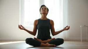 Person sitting cross-legged in meditation pose indoors, eyes closed in peaceful concentration, soft natural light from window, calm minimalist room background, photorealistic