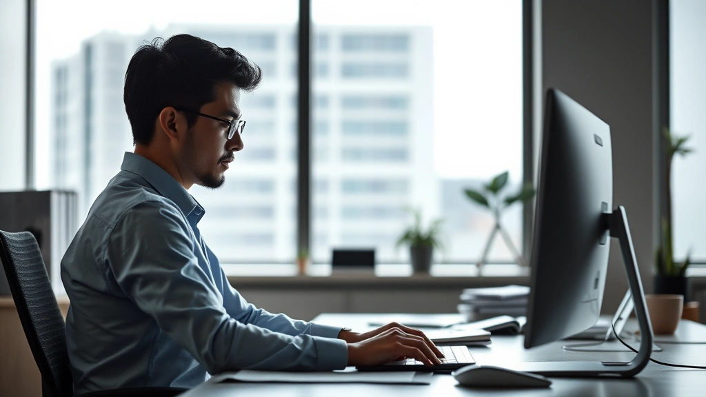 Calm professional in modern office maintaining deep concentration on work, natural lighting through windows, minimalist organized desk, subtle focus, photorealistic professional setting
