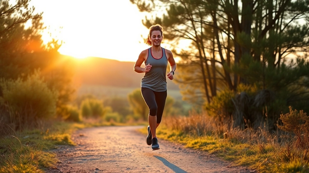 Individual jogging on nature trail during golden hour, athletic wear, energized posture, trees and natural landscape background, healthy movement and outdoor exercise, morning or sunset lighting