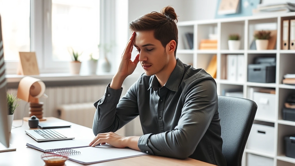 Person sitting at desk in organized workspace, hands gently touching temple in moment of peaceful concentration, soft natural light through window, serene expression
