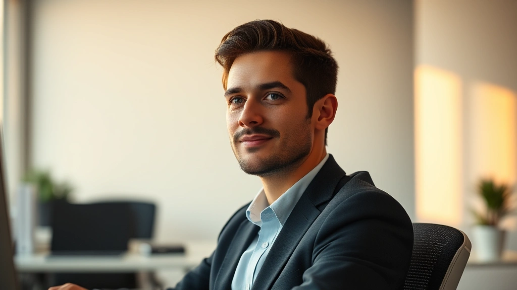 A professional in a quiet, organized office environment during golden hour light, sitting upright with perfect posture, looking directly ahead with intense but calm focus, subtle smile, modern minimalist background with soft blur, high definition clarity