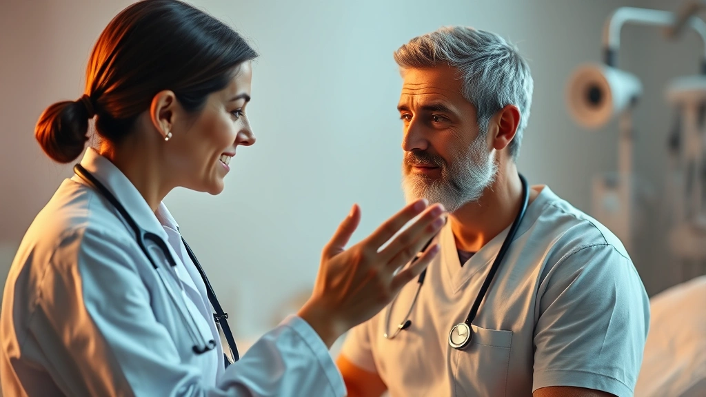 Healthcare professional conducting focused patient interaction, warm lighting, attentive body language, therapeutic presence, calm clinical environment, photorealistic healthcare setting