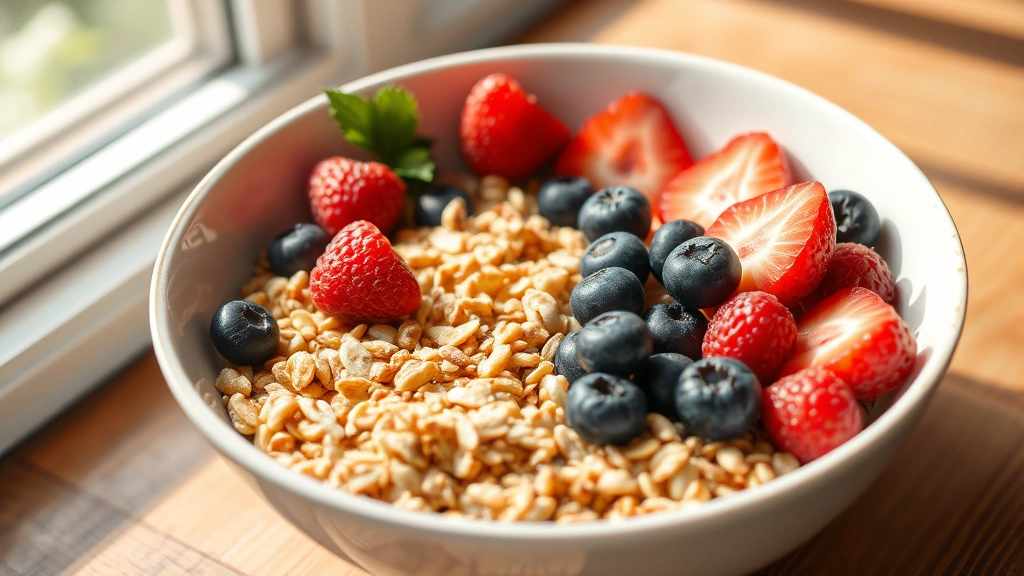 Healthy breakfast bowl with berries, nuts, and whole grains, natural window lighting, wooden table, fresh ingredients visible, appetizing presentation